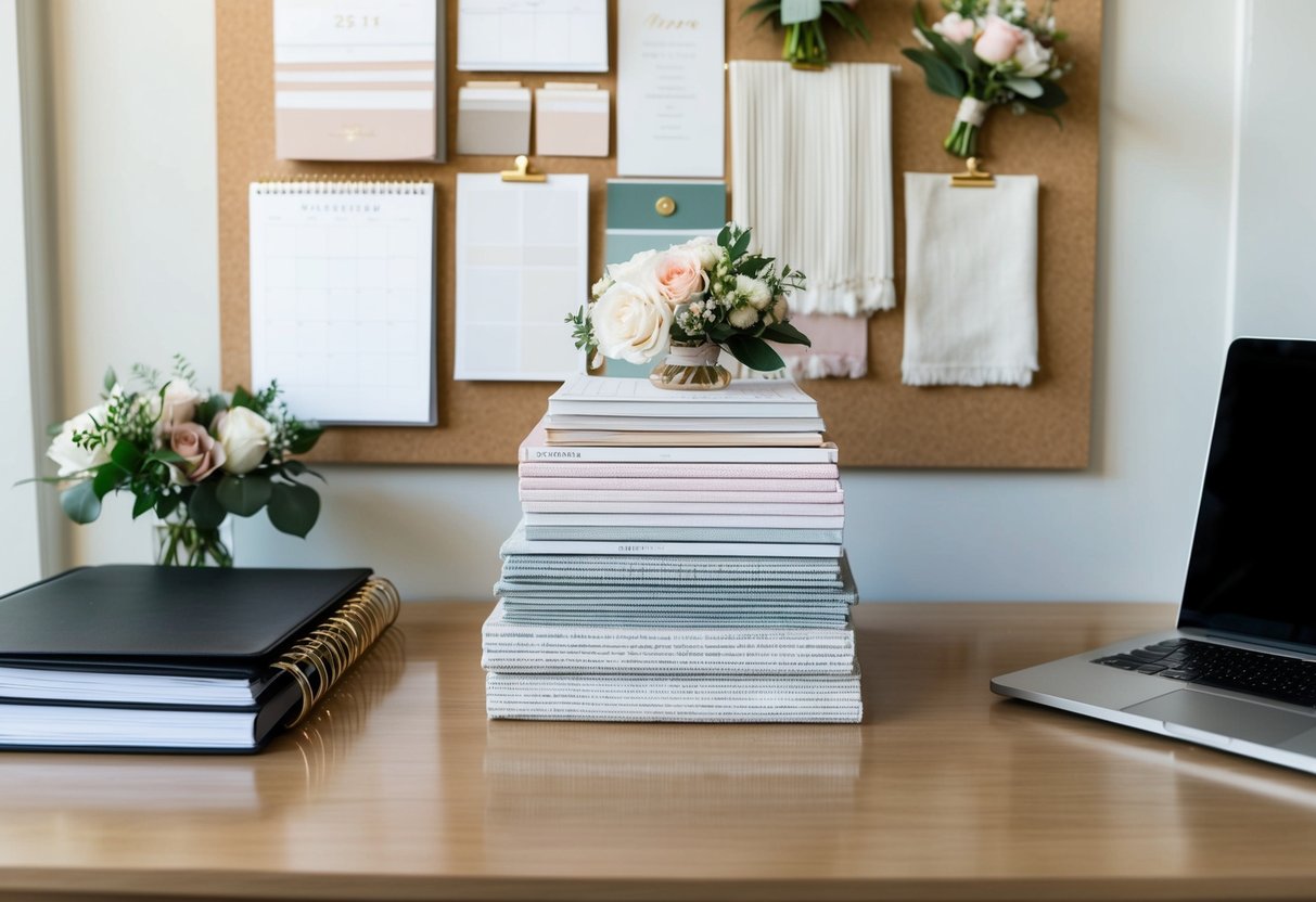 A desk with a planner, calendar, and laptop. A stack of wedding magazines and a mood board with fabric swatches and floral arrangements