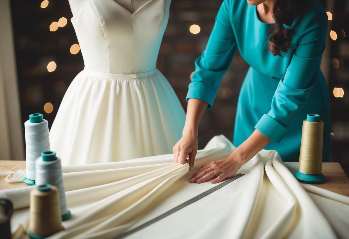 A seamstress carefully measures and cuts fabric for a wedding dress, surrounded by spools of thread and a dress form