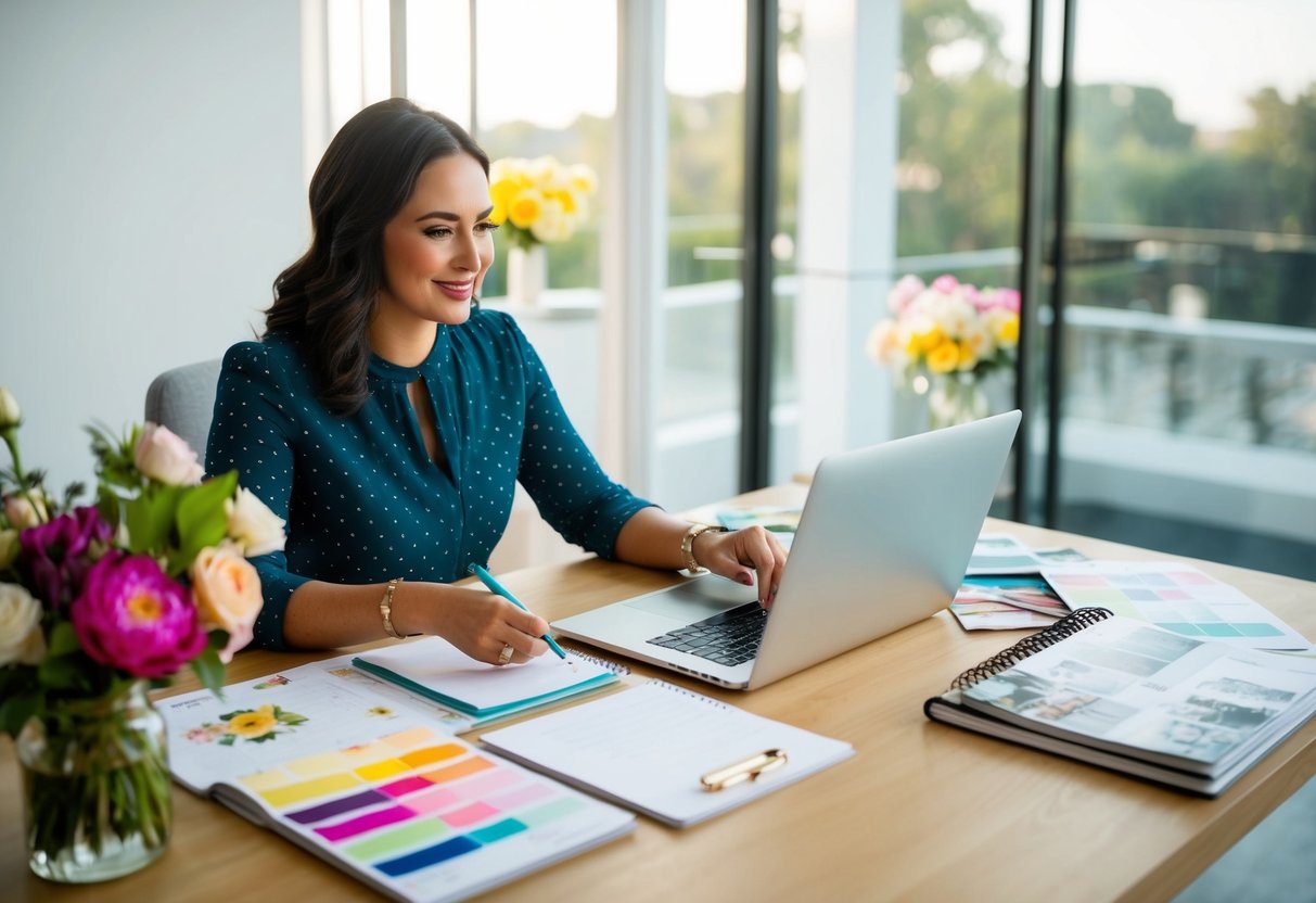 A woman sits at a desk with a planner, laptop, and colorful swatches, surrounded by flowers and wedding magazines. She is making notes and organizing her materials