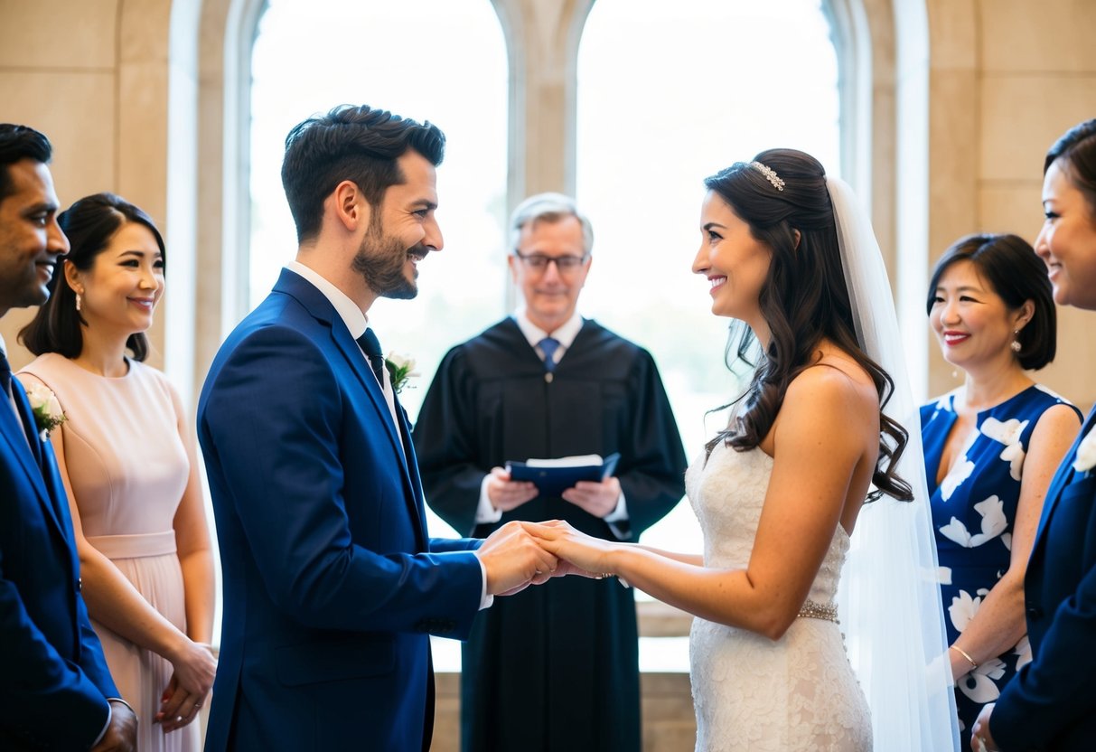 A couple exchanging vows in front of a registrar with witnesses present