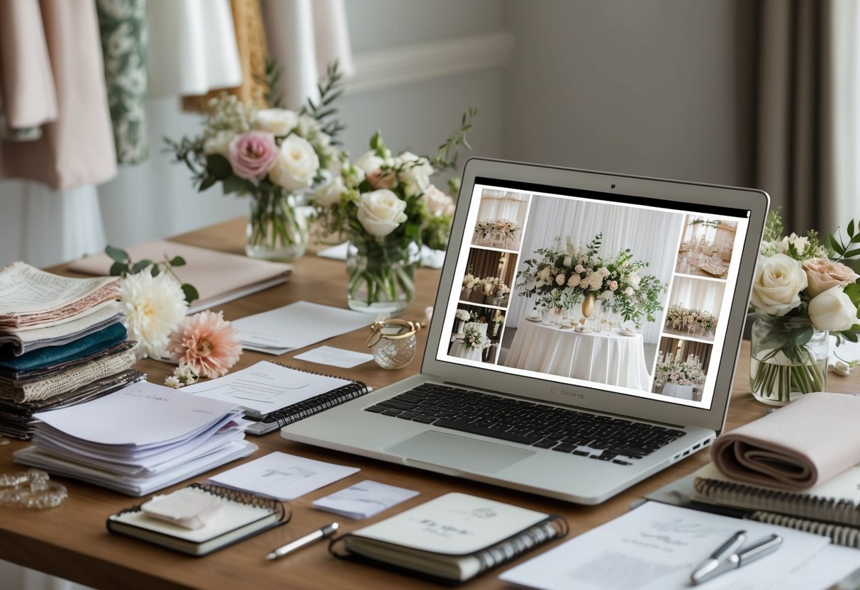 A wedding planner's desk cluttered with fabric swatches, flower samples, and a notebook filled with sketches and notes. A laptop open to a mood board of elegant wedding decor
