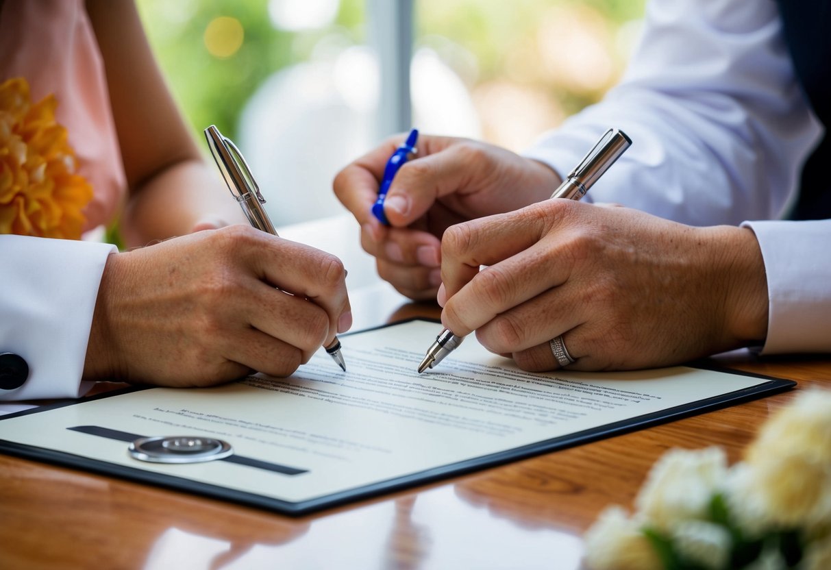 A wedding scene with two figures signing a document at a table