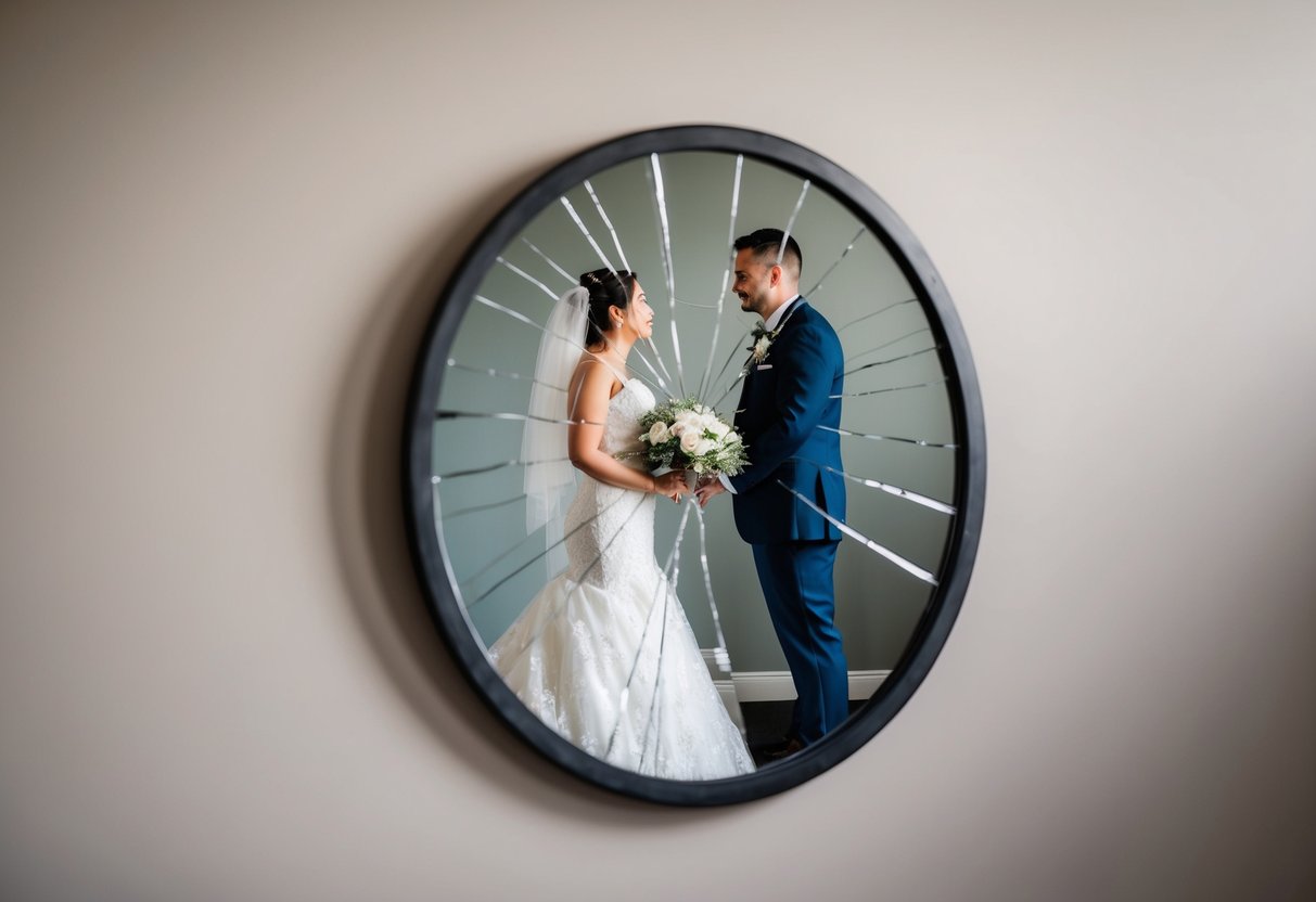 A cracked mirror reflecting a shattered wedding photo