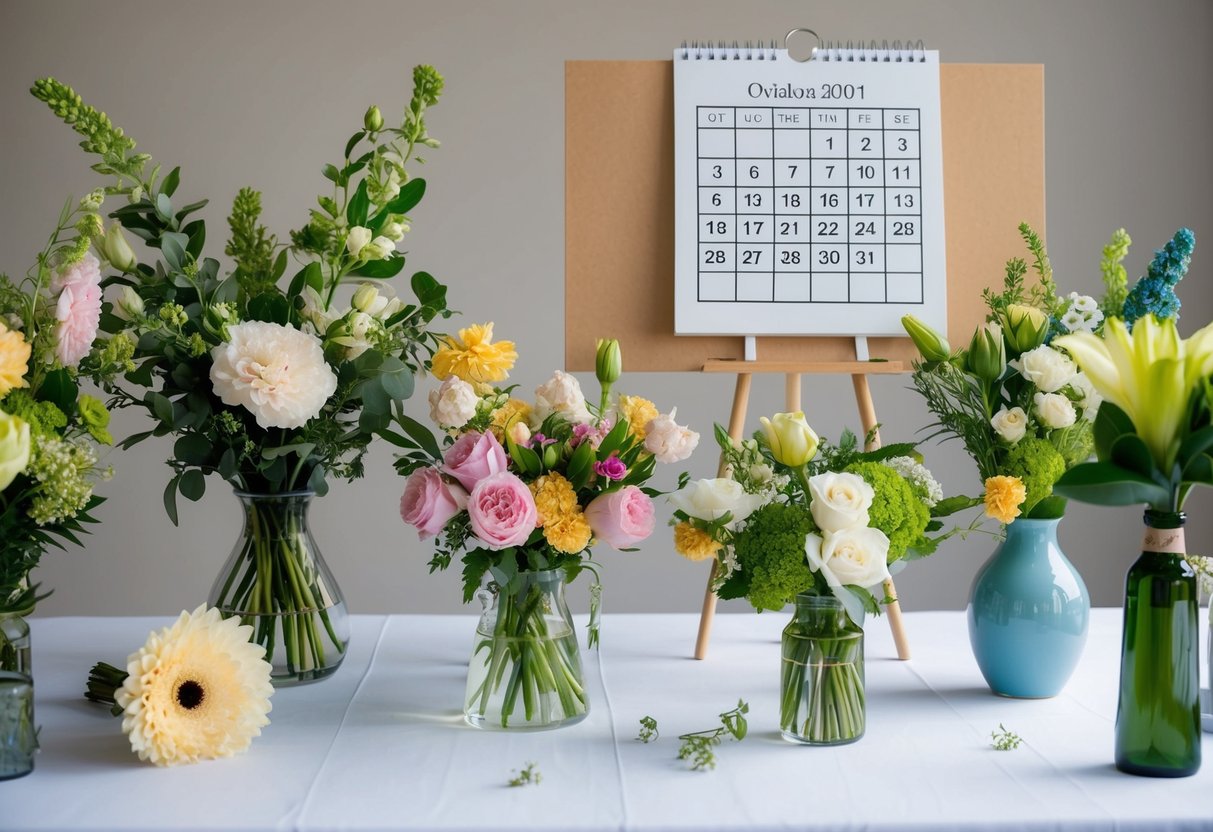 Flowers being arranged in vases and bouquets on a table with various types of blooms and greenery, with a calendar showing the date of the wedding circled