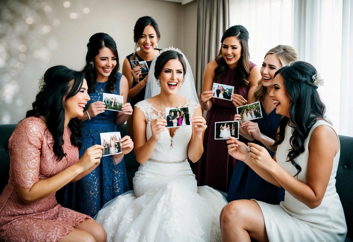 A bride sits surrounded by her friends, holding up photos and laughing as they help her choose bridesmaids