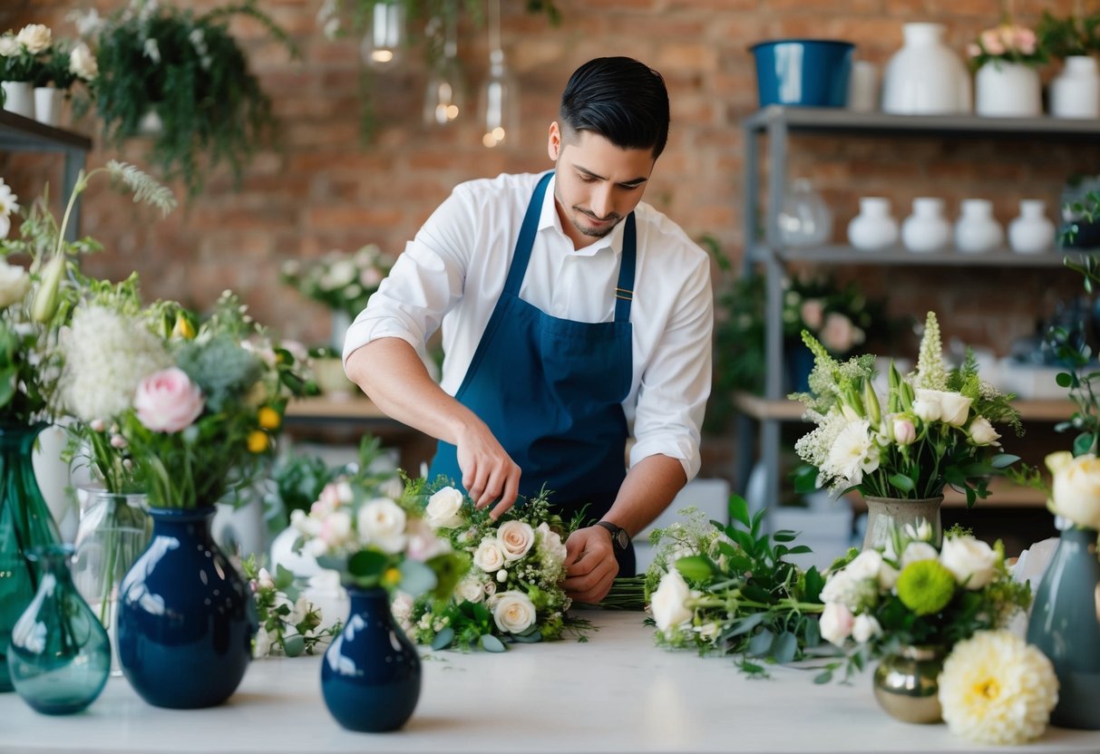 A florist arranging wedding flowers in a workshop, surrounded by vases, greenery, and various blooms