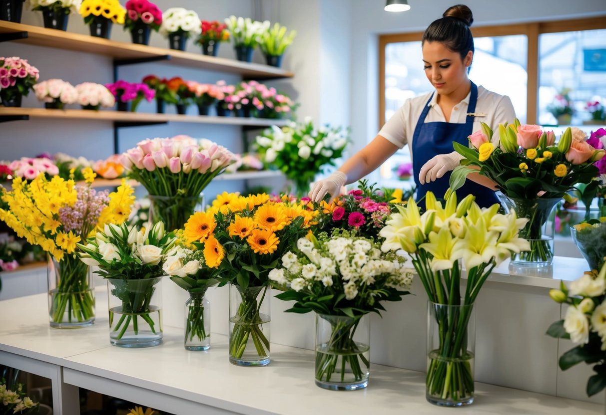 A person arranging flowers at a florist shop, with various types and colors of flowers displayed on shelves and tables