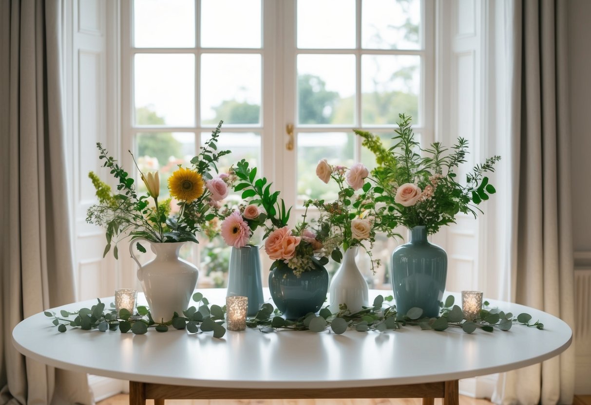 A table with assorted vases, flowers, and greenery arranged in a well-lit room, with natural light streaming in through the window