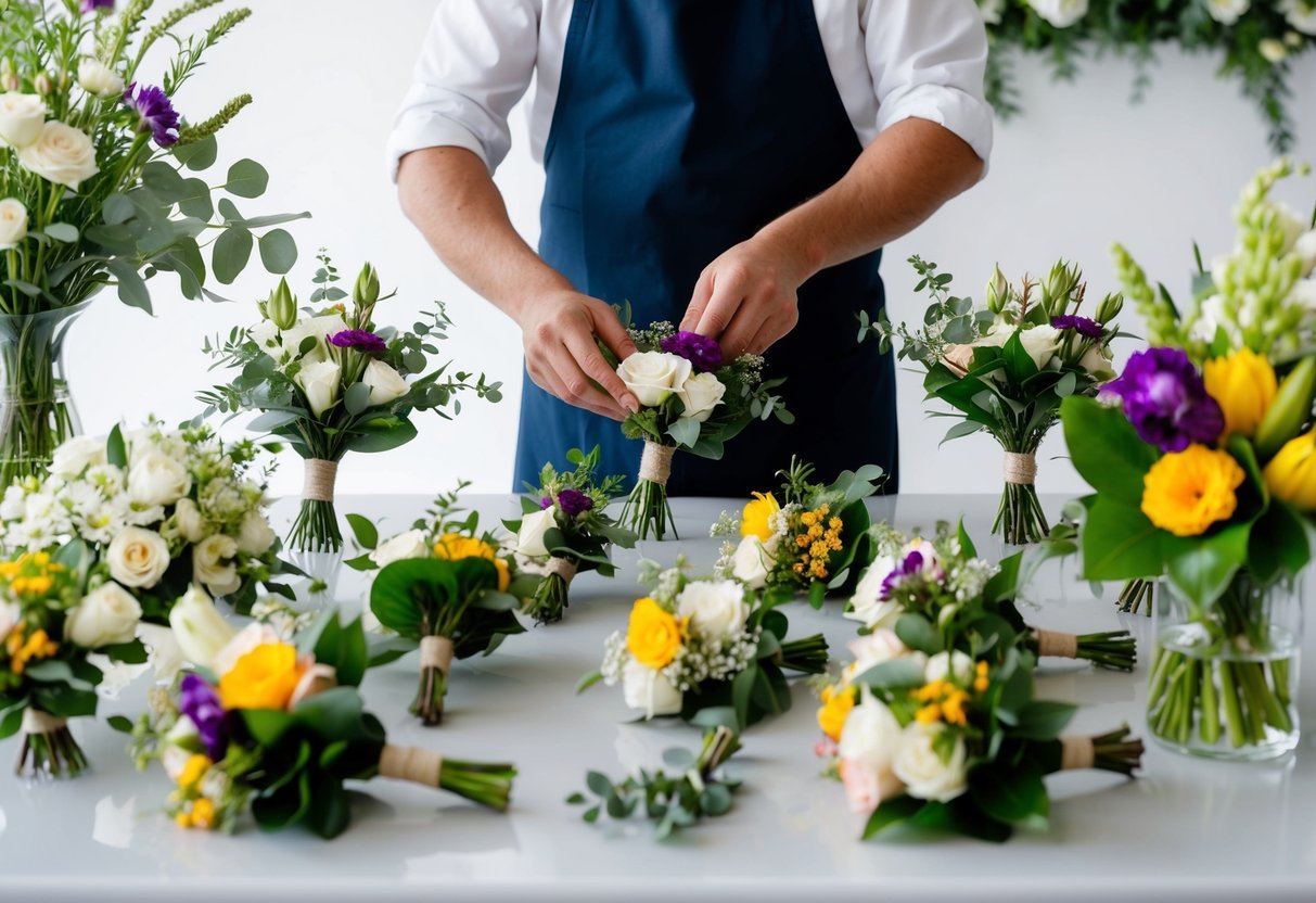 A florist carefully arranges boutonnieres, corsages, and centerpieces on a worktable, surrounded by fresh flowers and greenery