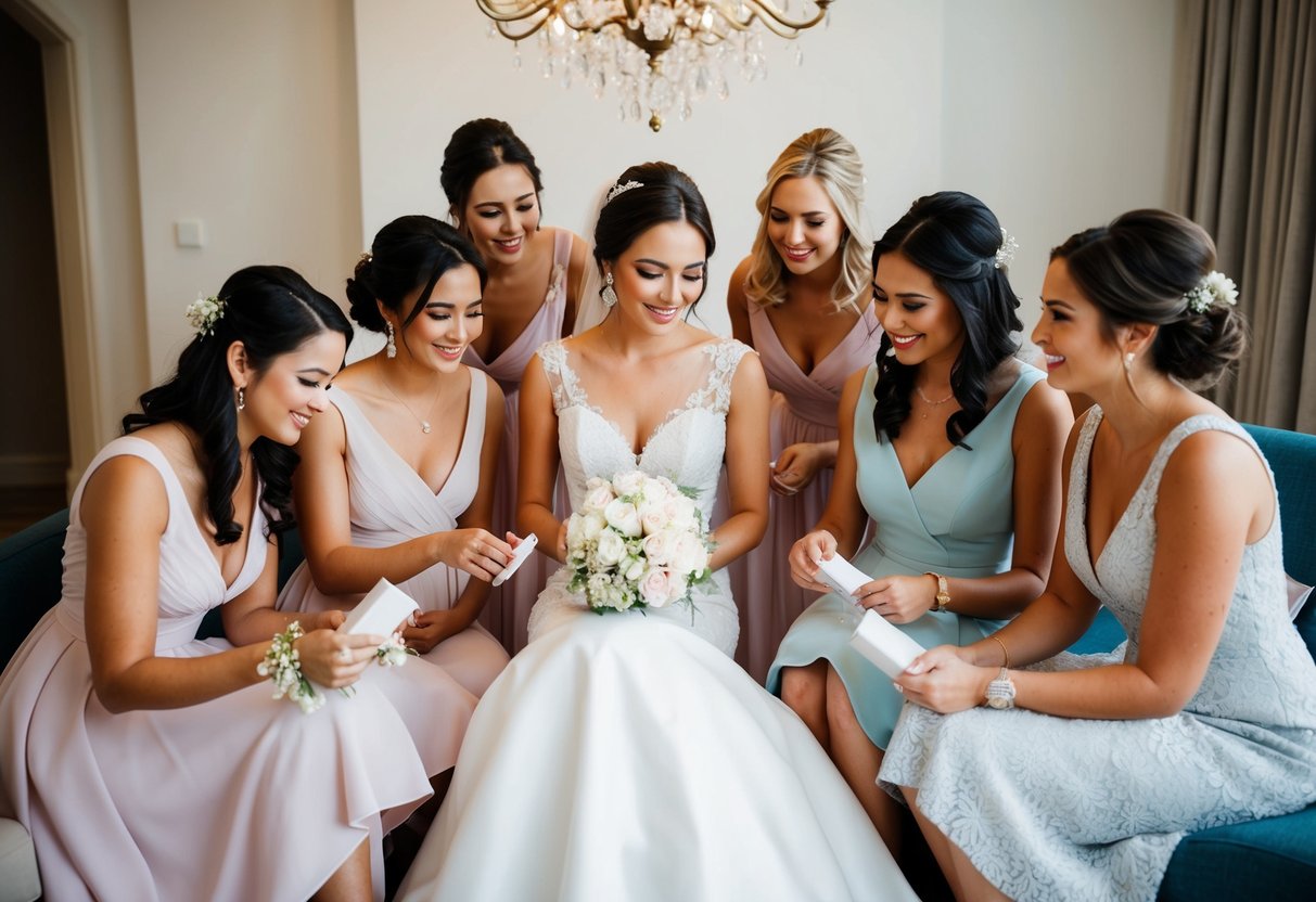 A bride sits surrounded by her closest friends, carefully selecting bridesmaids dresses and accessories for the upcoming wedding day