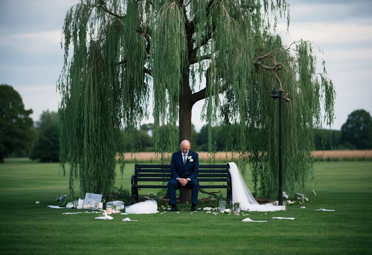 A lone figure sits on a bench under a weeping willow tree, surrounded by discarded wedding decorations. The sky is overcast, mirroring the figure's somber mood