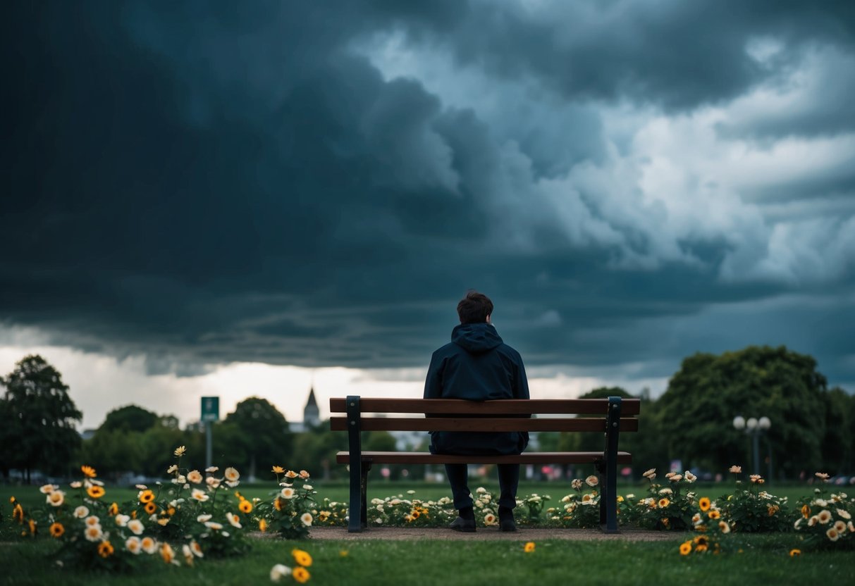 A person sitting alone on a bench in a park, surrounded by wilting flowers and a dark, stormy sky overhead