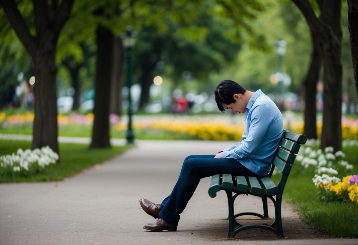 A person sitting alone on a bench in a park, surrounded by trees and flowers, with their head tilted down and a somber expression on their face