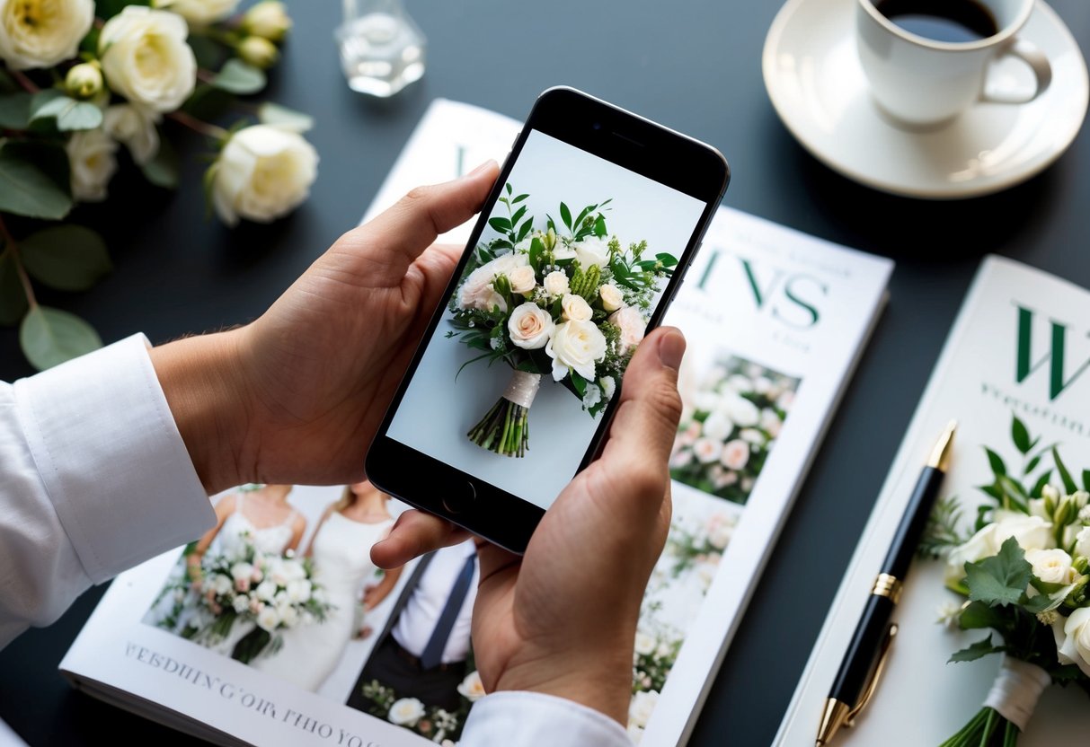 A person holding a phone with a wedding floral arrangement on the screen, surrounded by wedding magazines and a notebook with a pen