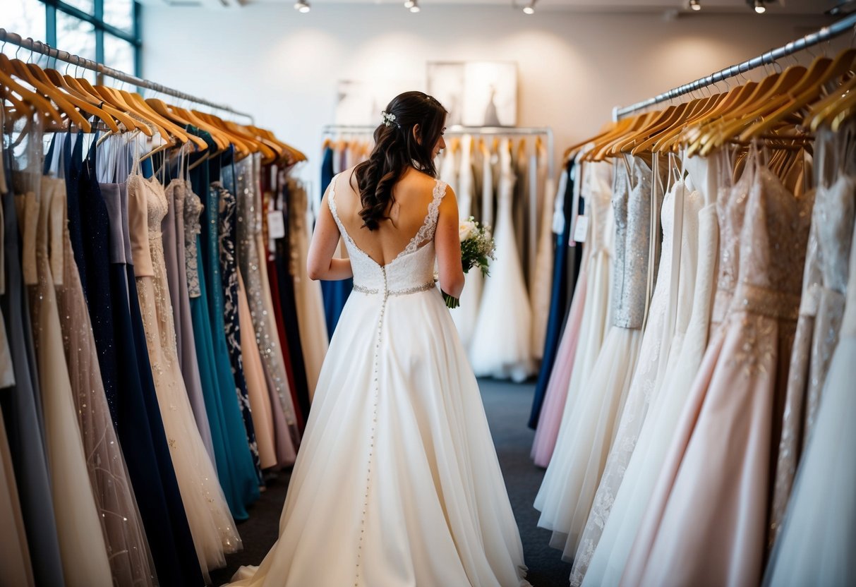 A bride-to-be browsing through racks of wedding dresses in a boutique, surrounded by various styles and designs