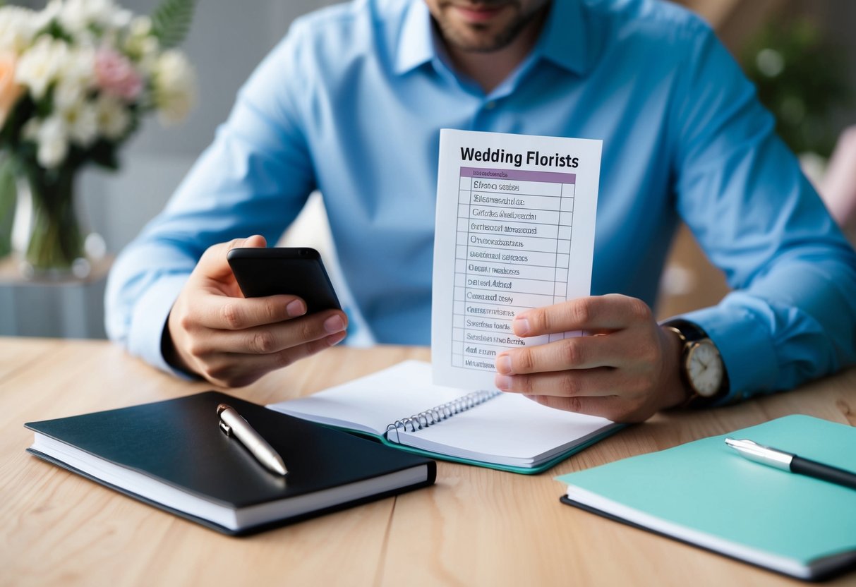 A person holding a phone and looking at a list of wedding florists, with a notebook and pen nearby to jot down details