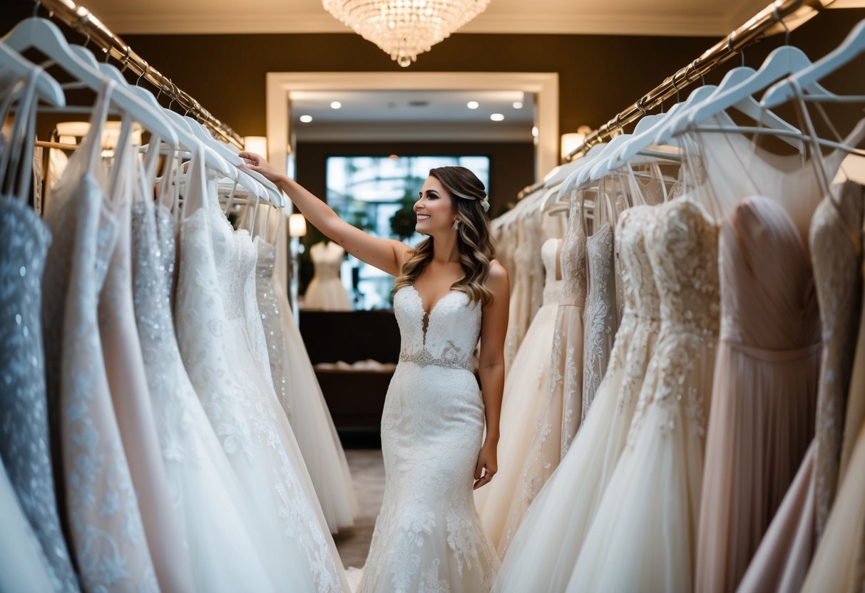 A bride-to-be browsing through racks of wedding dresses in a luxurious boutique, admiring the intricate details and elegant designs