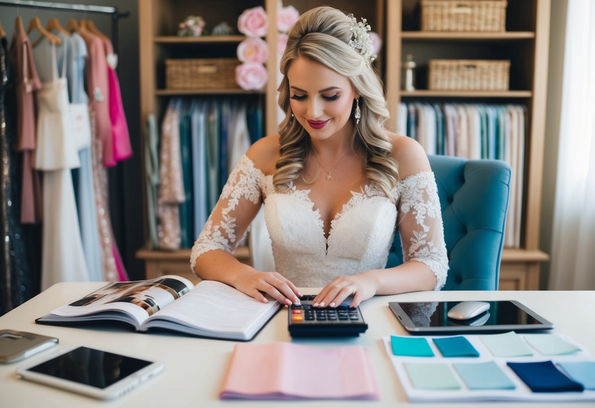 A bride-to-be sits at a cozy desk, surrounded by bridal magazines and swatches of fabric. A calculator and notebook lay open as she carefully considers her wedding dress budget