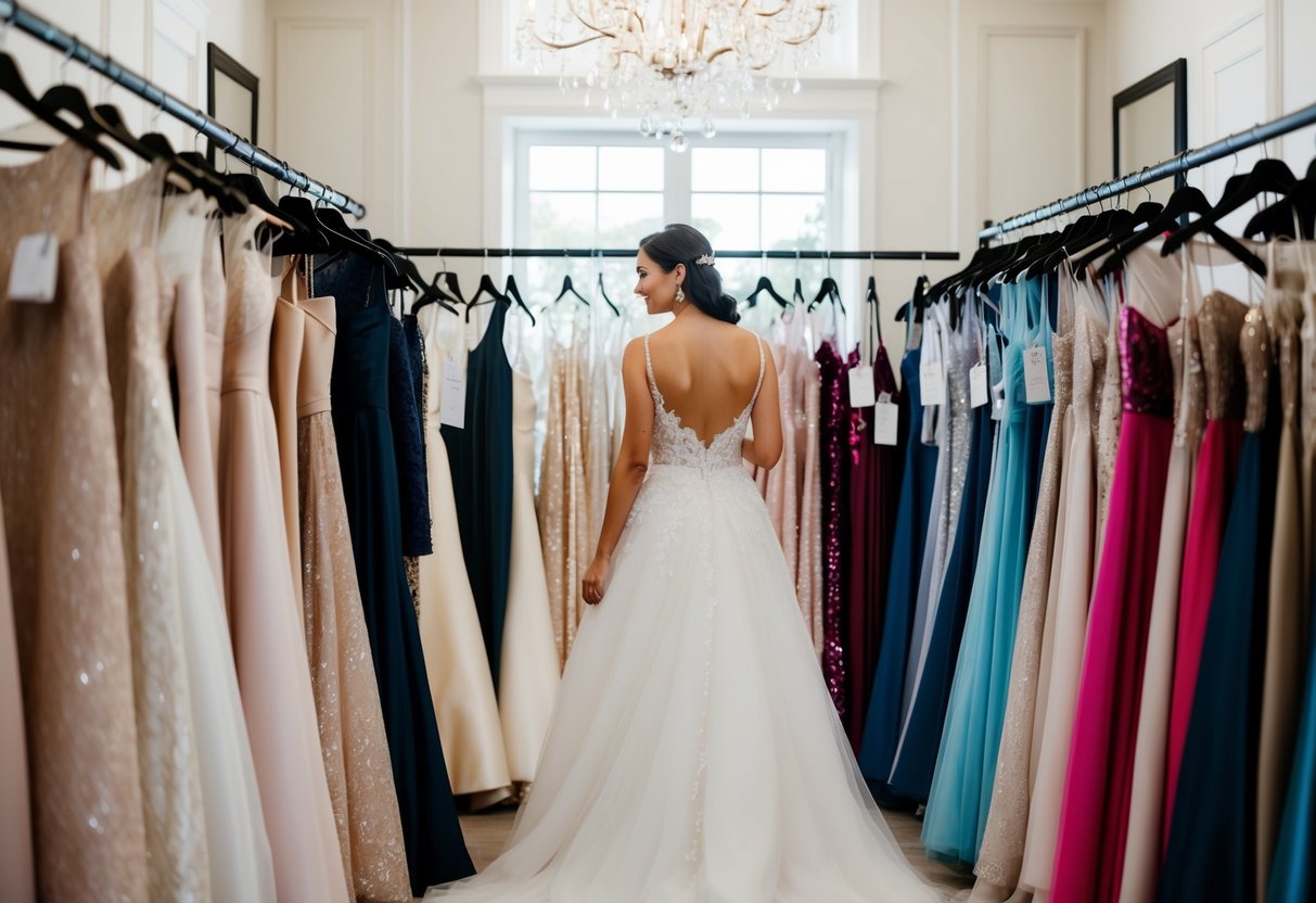 A bride-to-be browses through racks of wedding dresses in a chic boutique, surrounded by elegant gowns in various styles and price ranges