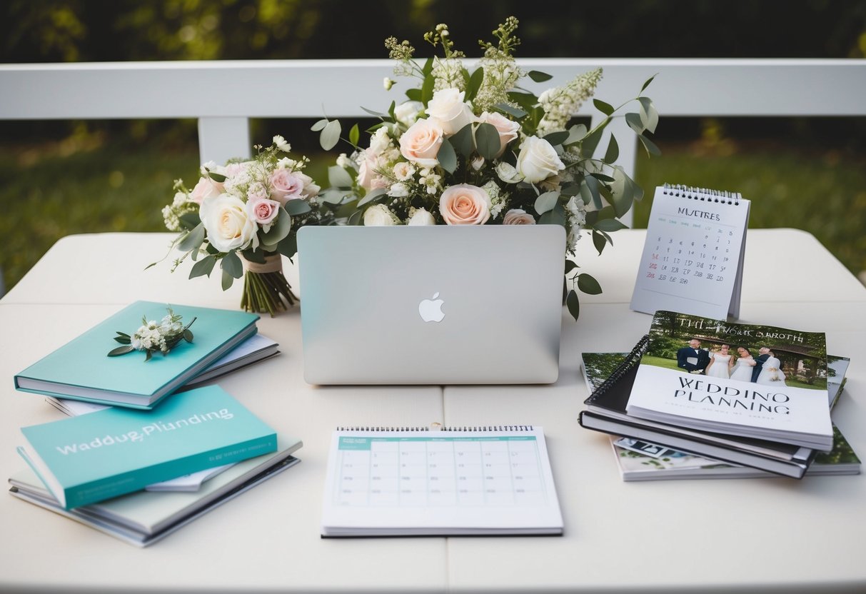 A table set with wedding planning books, magazines, and a laptop, surrounded by a bouquet of flowers and a calendar