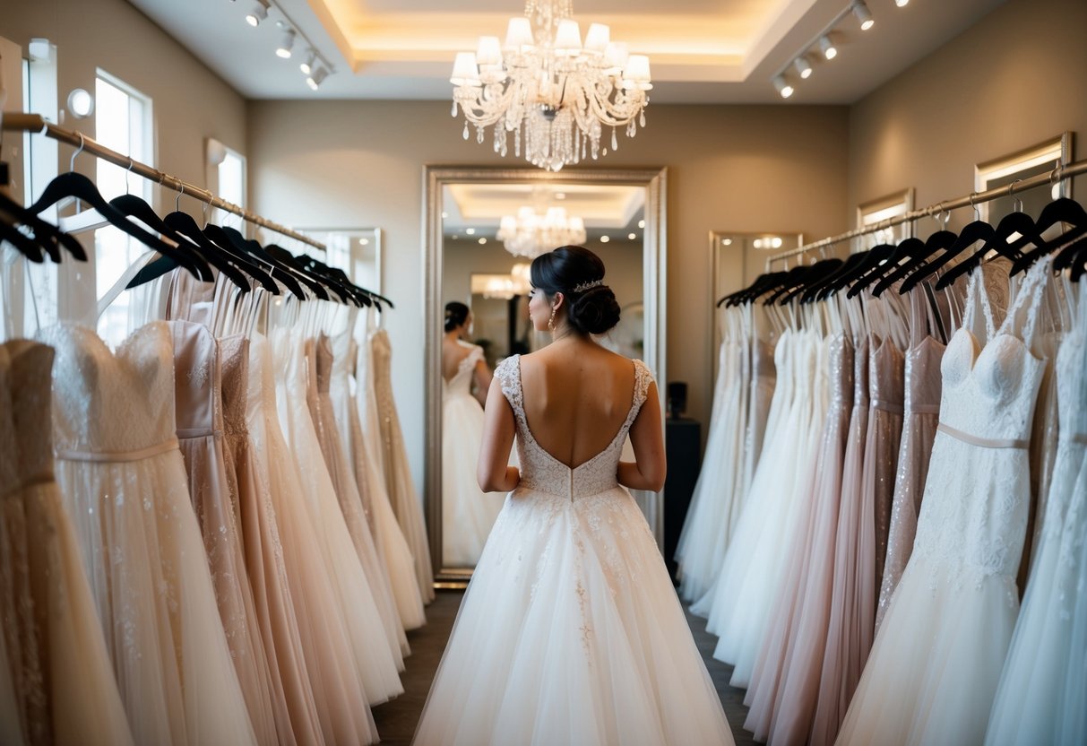 A bride-to-be browsing through racks of elegant wedding dresses in a boutique, surrounded by mirrors and soft lighting