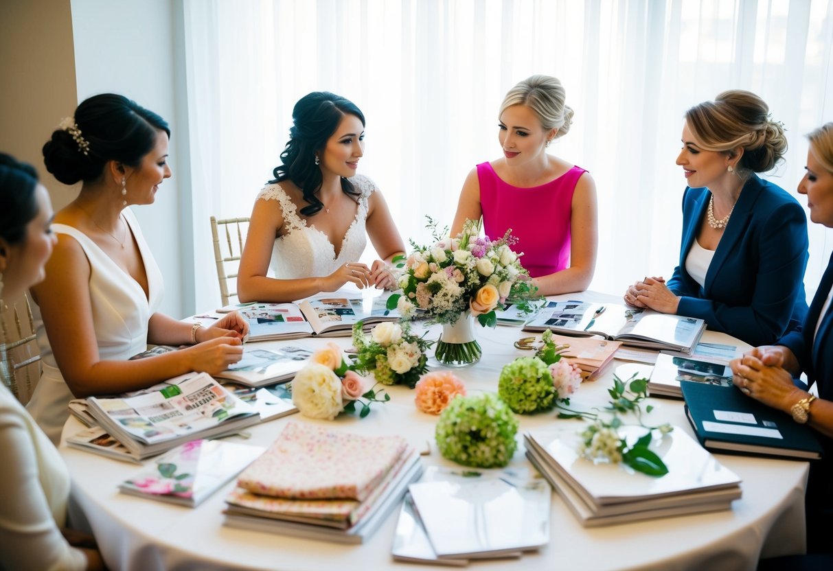 A table covered in wedding magazines, fabric swatches, and floral samples, surrounded by a bride-to-be and her wedding planner, deep in discussion