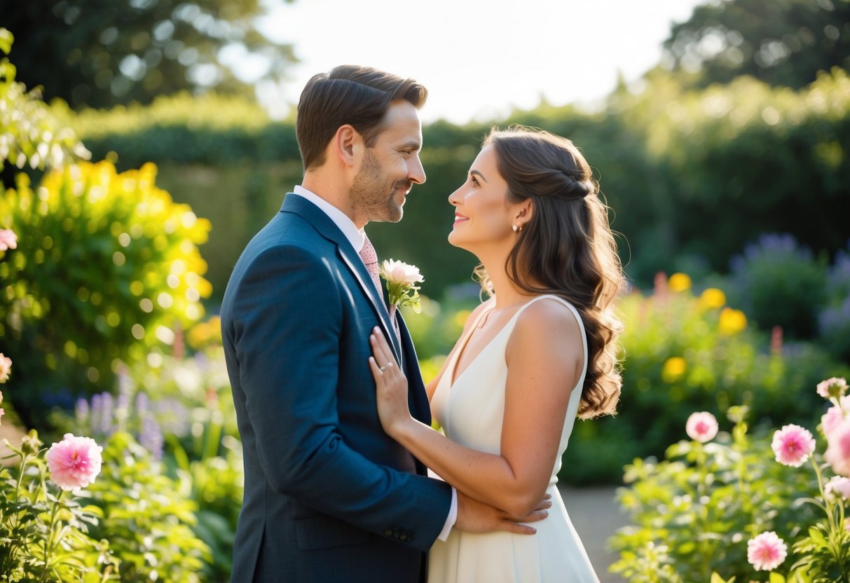 A couple stands in a sunlit garden, surrounded by flowers and greenery, gazing into each other's eyes with love and anticipation