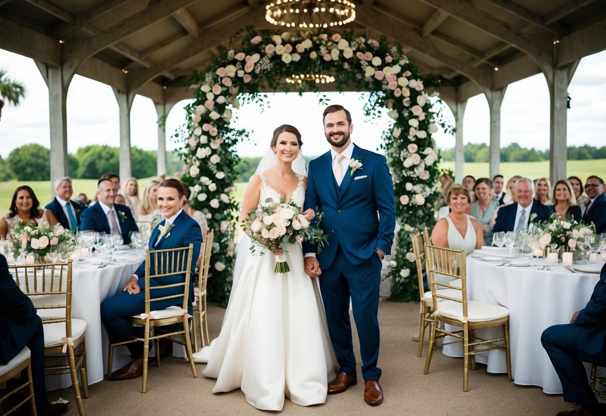 A bride and groom standing under a flower-covered arch with guests seated at round tables adorned with white linens and floral centerpieces