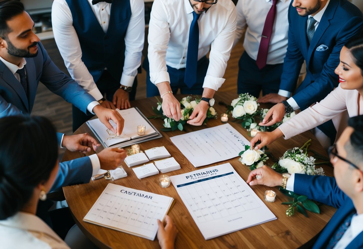 A group of people gather around a table, discussing and planning pre-wedding events. A calendar, invitations, and decorations are spread out, indicating the upcoming festivities
