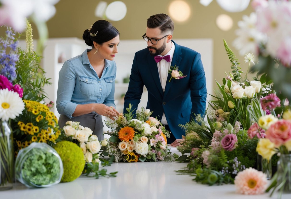 A florist consulting with a bride, surrounded by various types of flowers and greenery, discussing color scheme, preferred blooms, and overall aesthetic vision for the wedding