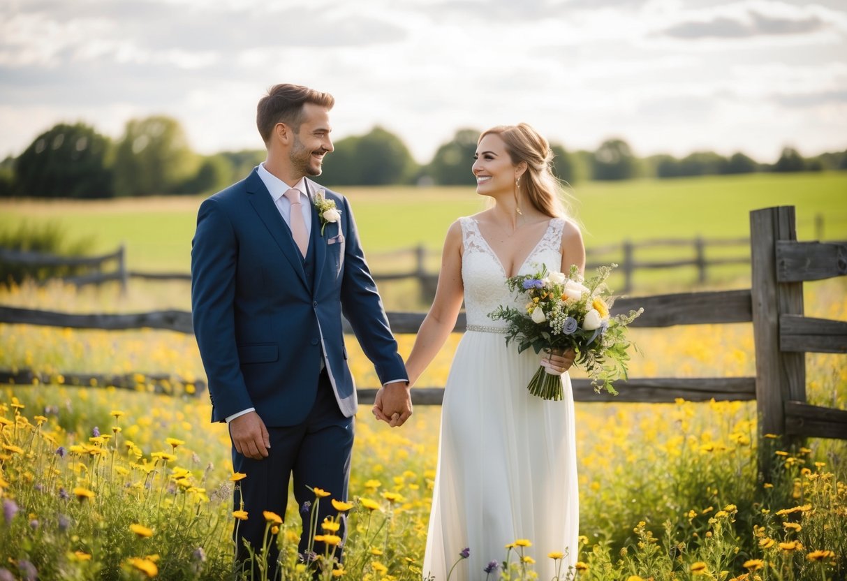 A couple stands in a sun-drenched field, surrounded by wildflowers and a rustic wooden fence. They hold hands and smile as they gaze into each other's eyes, capturing memories for their upcoming wedding