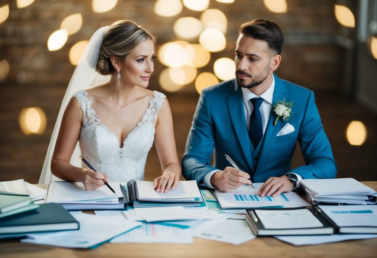A bride and groom sit at a table covered in wedding planning books and papers, calculating costs with a concerned expression