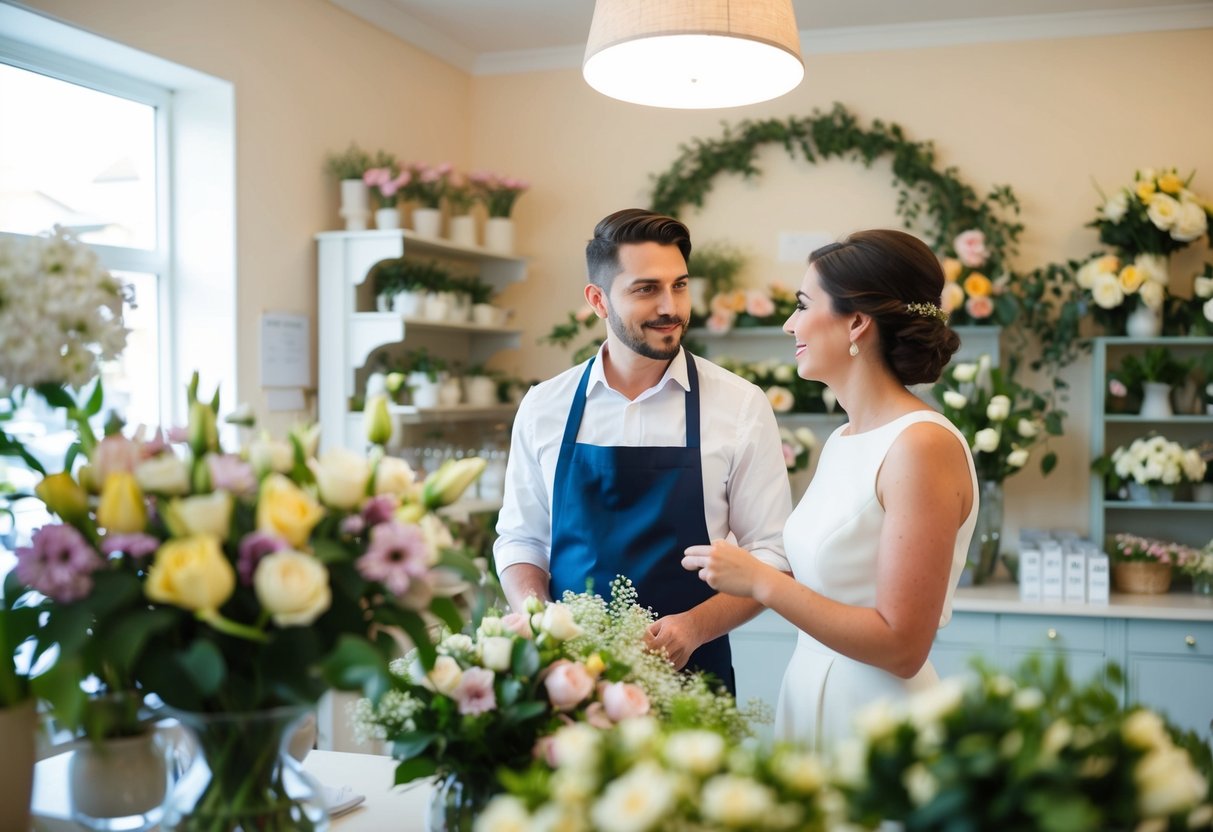 A florist and a bride discussing flowers and budget in a cozy, well-lit floral shop
