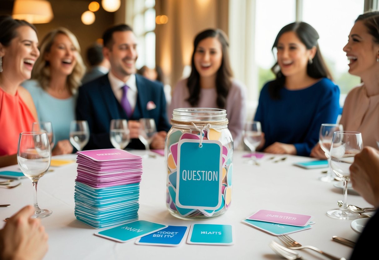 A table with a stack of colorful question cards and a jar for guests to draw from, surrounded by laughter and conversation