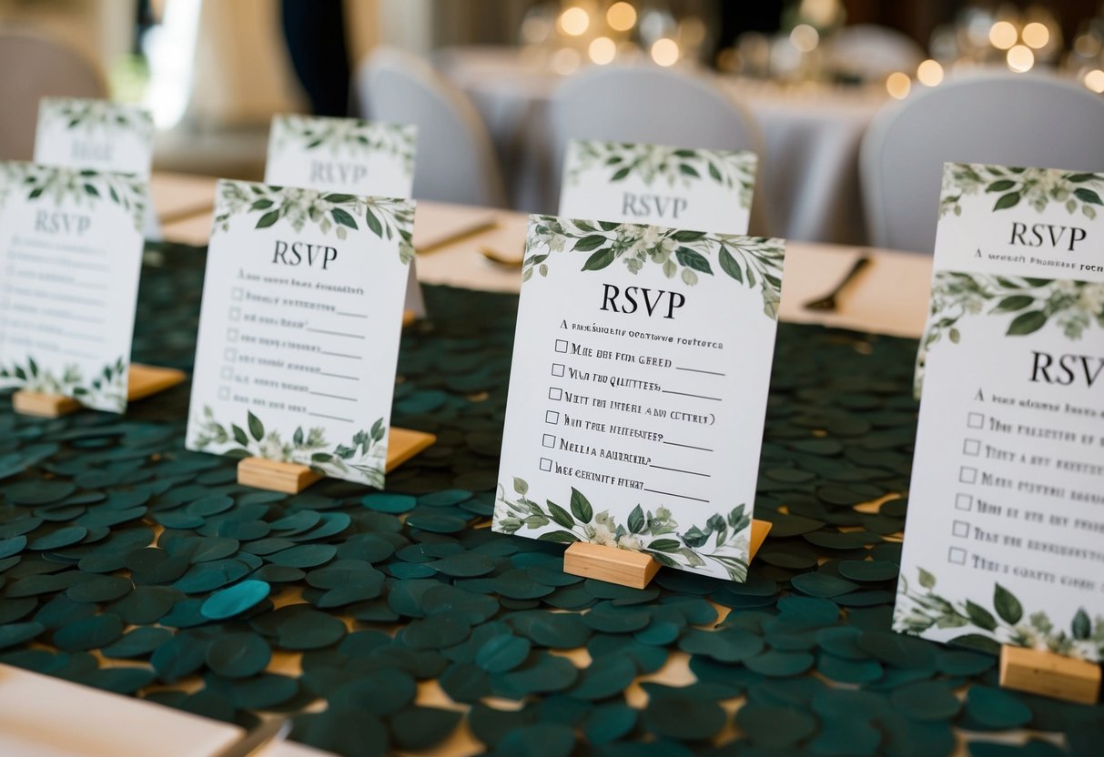 A table with decorative RSVP cards, each featuring unique and fun questions for wedding guests to fill out