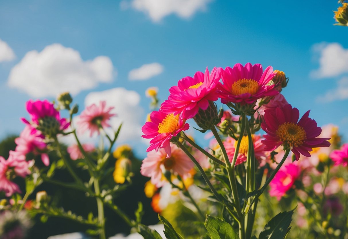 A vibrant outdoor wedding in June, with blooming flowers and a sunny sky