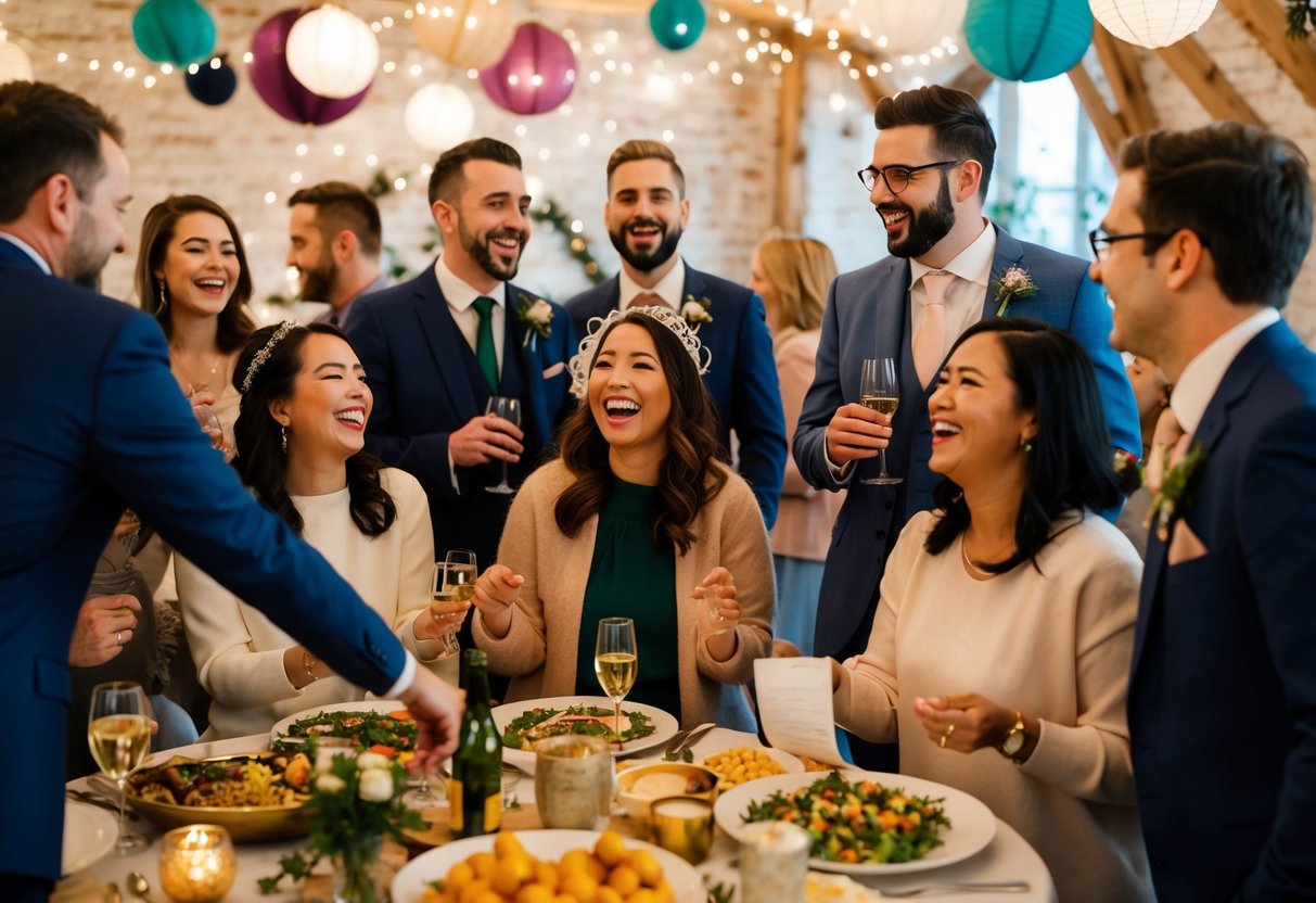A group of people gather in a festive setting, with decorations, music, and food. Laughter and conversation fill the air as they celebrate the upcoming wedding