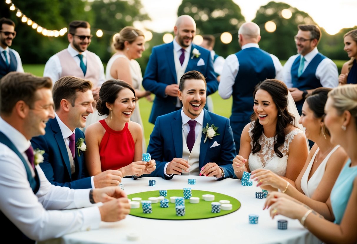 A group of wedding guests gather around a table, laughing and chatting as they play fun and engaging games