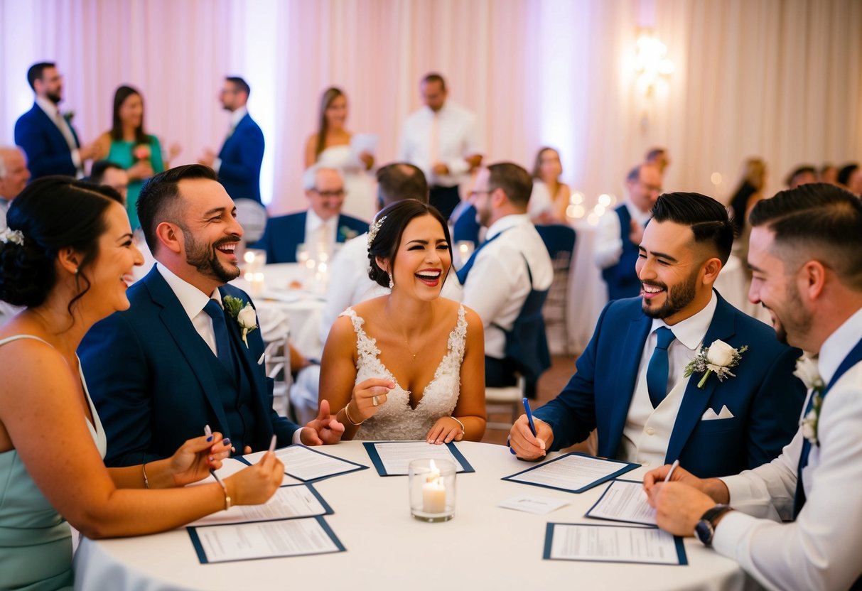 Wedding guests sharing laughter and stories, filling out fun questionnaires at the reception tables