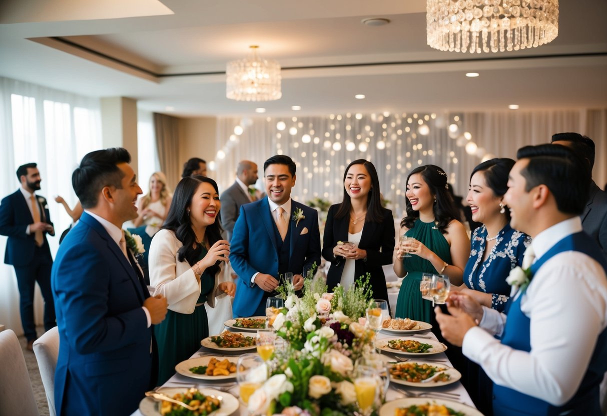 A group of people gather in a decorated space, chatting and laughing, with a table full of food and drinks. Music plays in the background as they plan and celebrate the upcoming wedding