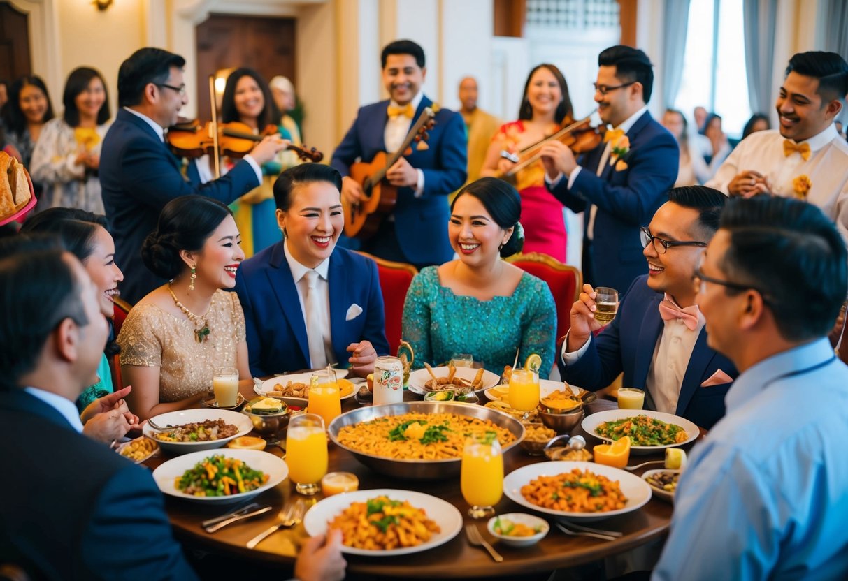 Guests gather around a table filled with traditional foods and drinks, while a band plays lively music in the background. Laughter and conversation fill the air as attendees participate in games and cultural customs