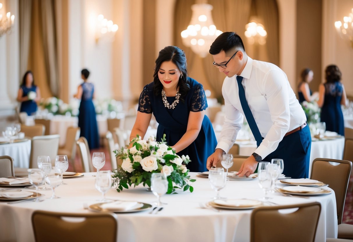 A wedding planner organizing tables, flowers, and decorations in a grand ballroom