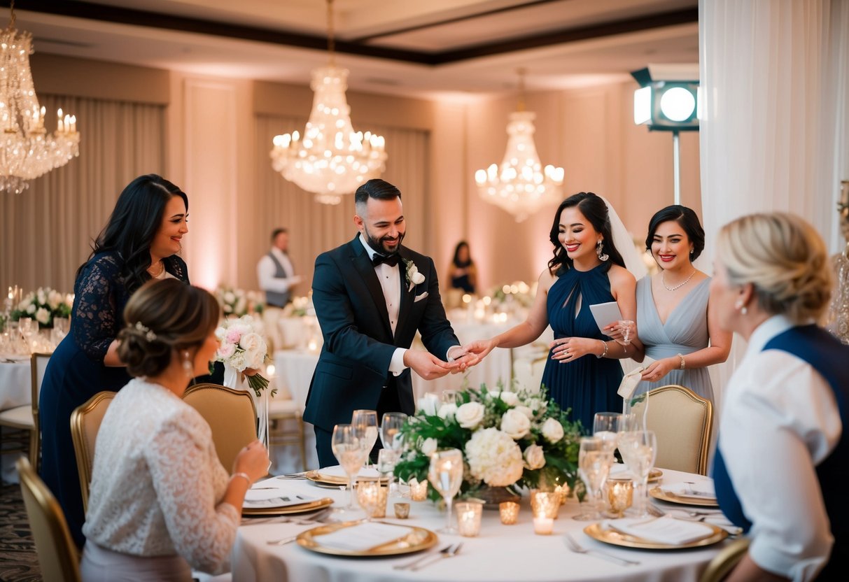 A wedding planner coordinating vendors and decor for a lavish reception