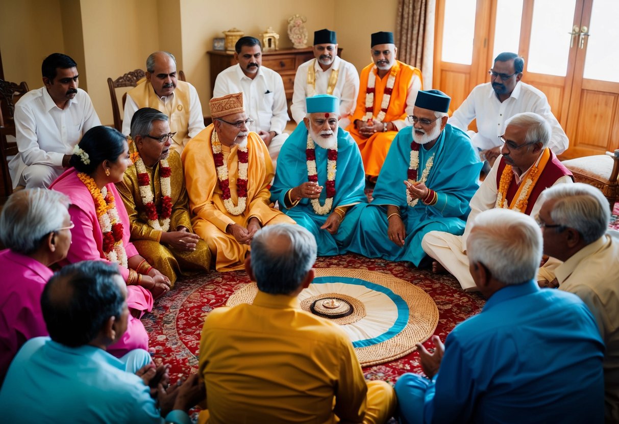 A group of elders sitting in a circle, discussing and negotiating the bride price ritual with the groom's family
