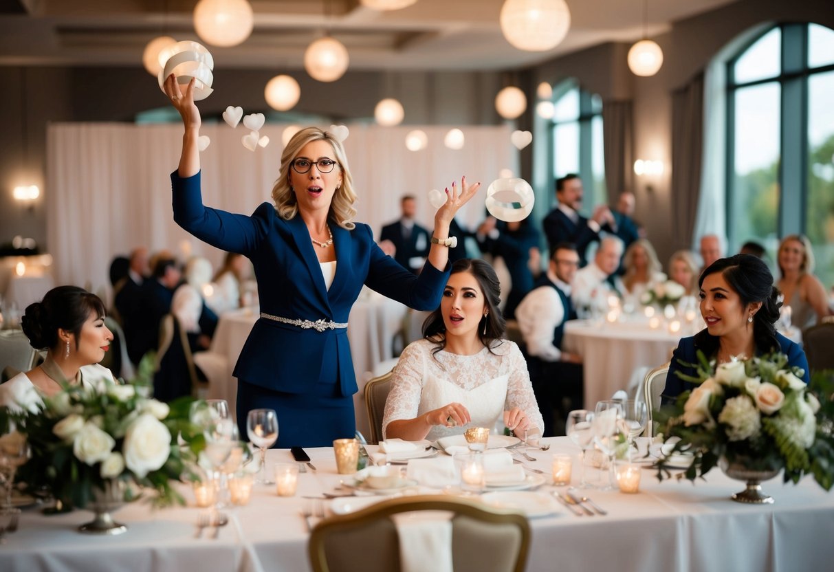 A wedding planner juggling multiple tasks while managing a chaotic wedding venue