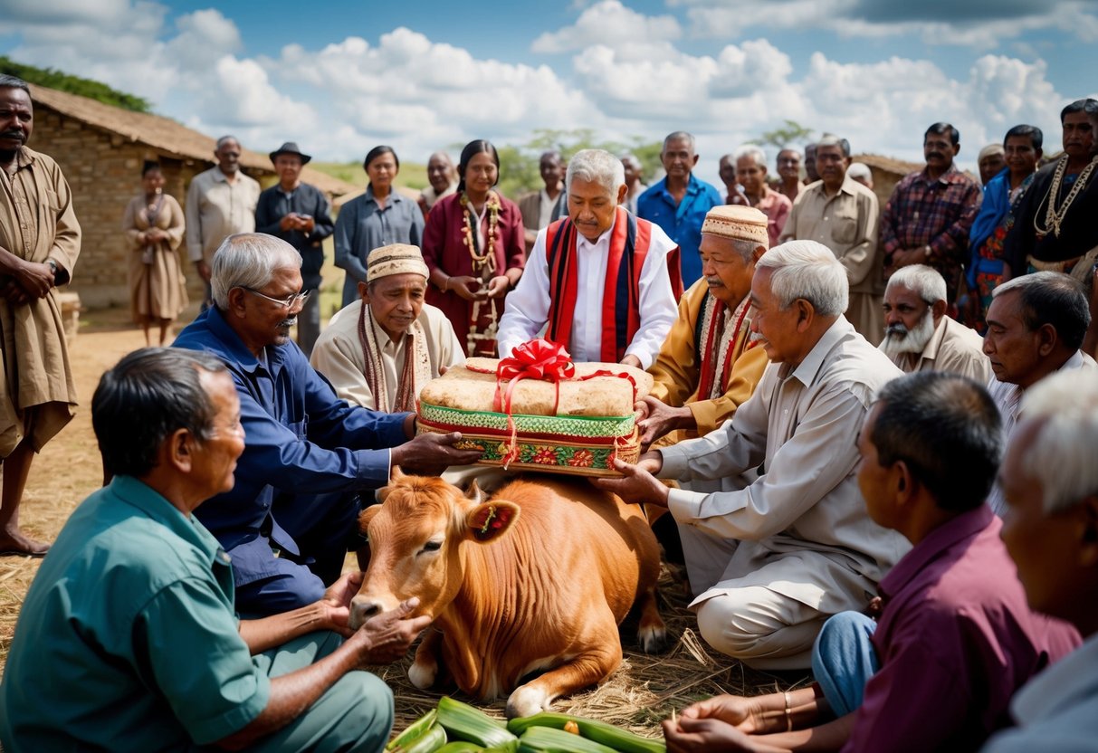 A group of elders exchanging livestock and gifts in a traditional ceremony, surrounded by onlookers in a rural village setting