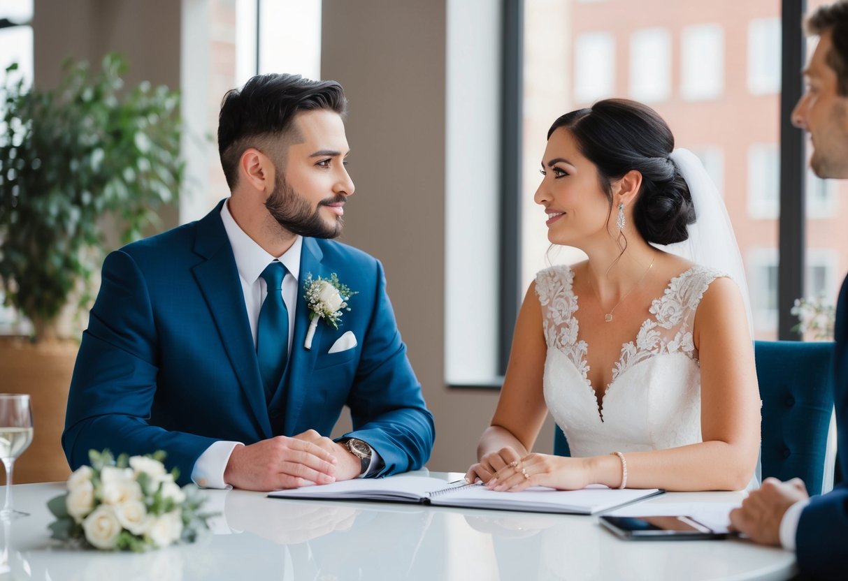 A wedding planner sits across from a couple, asking about their vision, budget, guest count, and desired style for their special day