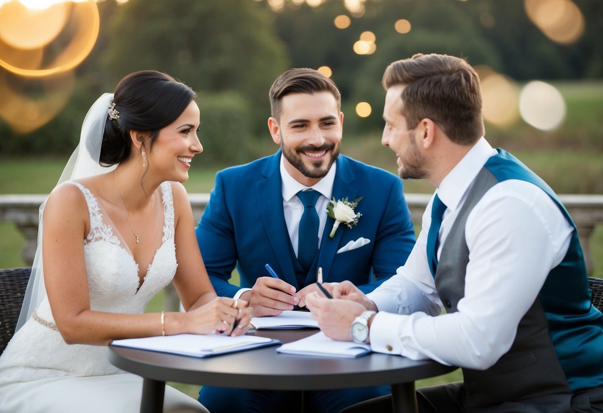 A wedding planner sits across from a couple, asking questions and taking notes. The couple smiles and eagerly shares their love story and wedding vision