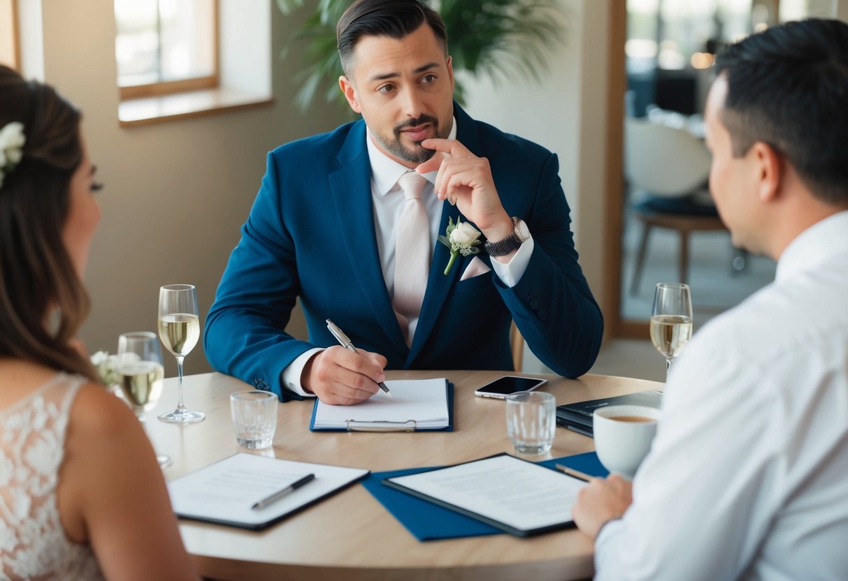A wedding planner sits across from a client, pen and paper in hand, asking detailed questions about venue preferences, guest count, budget, and desired theme