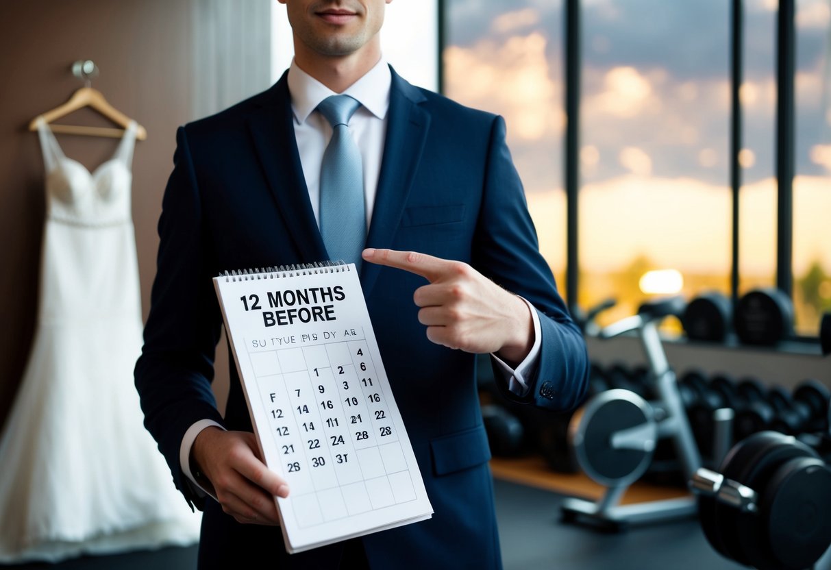 A personification of time holding a calendar, pointing to the "12 months before" mark, while a wedding dress and gym equipment are in the background